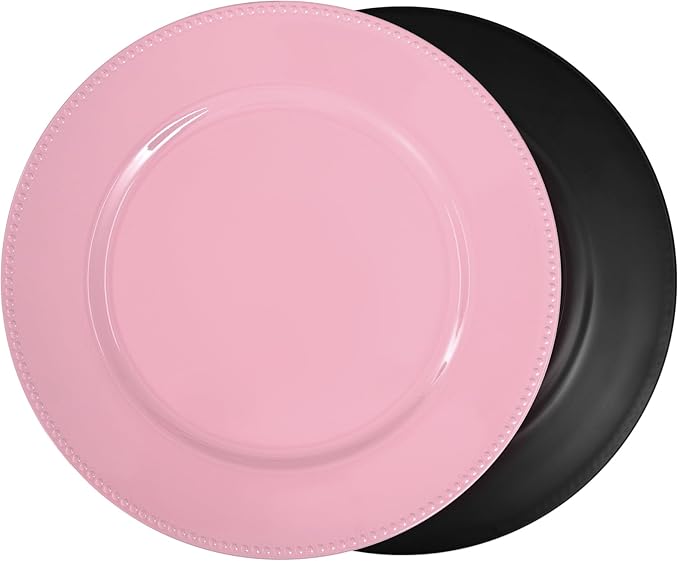 50 Pcs Pink Charger Plates Bulk, 13" Round Beaded Plate for Dinner, Decorative Plastic Table Chargers for Wedding, Holiday Party, Baby Shower, Event Decoration