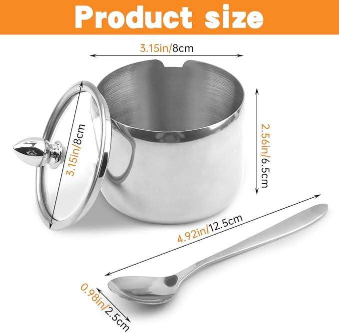 10oz Sugar Bowl with Lid and Spoon, Durable Sugar Pot for Coffee Bar Accessories, Stainless Steel Holder Jar for Salt, Tea, Candy, Home and Kitchen Storage(Silver)