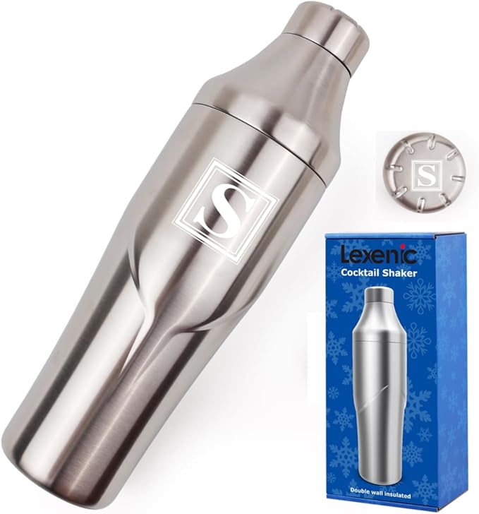 Lexenic 24oz Personalized Double Wall Cocktail Shaker - Monogramm Initials Martini Shaker-Insulated Keep Drinks Chilled -No Stuck Twist Lid,Built-in Strainer - Premium Stainless Steel Drink Shaker -S