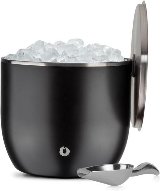 Snowfox XL Premium Vacuum Insulated Double Wall Stainless Steel Ice Bucket with Lid/Scoop, Bar Accessories, Large Elegant Party Bucket, Chill Several Bottles, Beautiful Entertaining, 7L, Matte Black