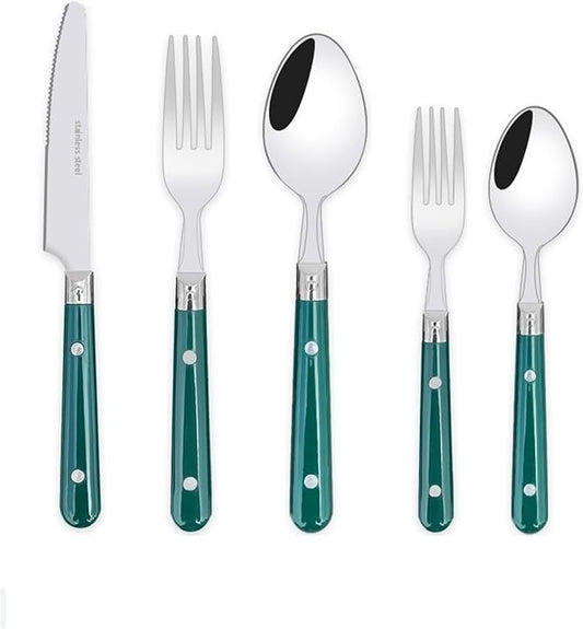 5/20/30-Piece Lightweight Stainless Steel Silverware Set for Everyday Use, Flatware Service for 1/4/6, Steak Knife Fork Spoon Dessert Tea Spoon Fruit Fork, Durable Reusable, Green