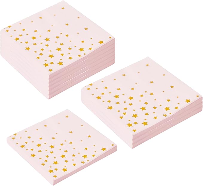 100 Pink Cocktail Napkins with Gold Foil Stars - Elegant 2- Ply Disposable Beverage Napkins for Weddings, Birthdays, Baby Showers, Bridal Parties & Events