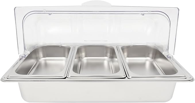 Countertop Food Serving Display Container with Clear Roll Top Cover, Stainless Steel Food Serving Tray Buffet Condiment Dispenser for Parties, Hotels, Weddings