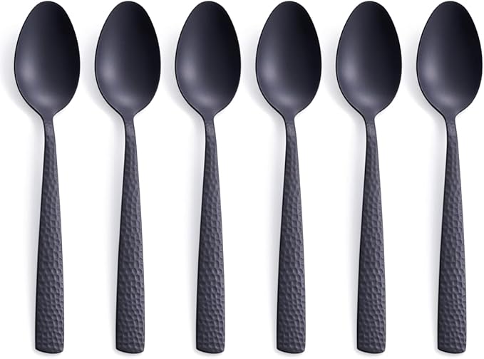 Matte Black Dessert Spoon Set of 6, FULLYWARE 7.0 inches Stainless Steel Black Metal Teaspoon, Satin Finish