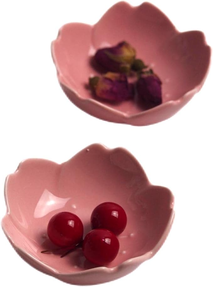 Sakura Flower Dessert Salad Snack Fruit Plates Ceramic Seasoning Dishes Small Sauce Dipping Bowls Appetizer Plates for Kitchen Home (Set of 4, Pink)