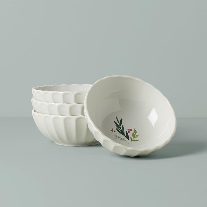 Lenox 894194 French Perle Berry All-Purpose Bowls, Set of 4, White, Christmas Drinkware, Holiday Hosting