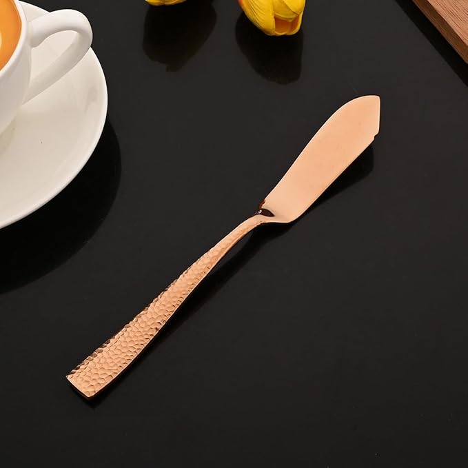 JASHII 5-Piece Rose Gold Hammered Flatware Hostess Set Stainless Steel Serving Fork Slotted Serving Spoon Butter Knife Teaspoon Set for Buffet Party Mirror Polished Dishwasher Safe