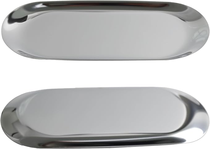 2Pcs 9x4inch Stainless Steel Decorative Trays, Oval Jewelry Dish Cosmetics Organizer, Silver Serving Platter for Bathroom Vanity Dresser Storage