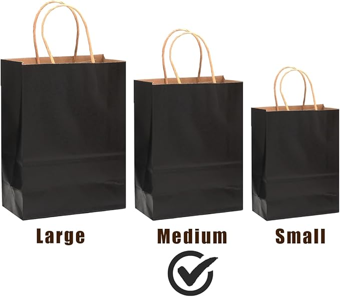 qiqee 30-Packs Black Gift Bags with Handles Bulk 10.8"x8.3"x4.3" Medium Size Kraft Paper Bags Multiple Uses (Medium Size)
