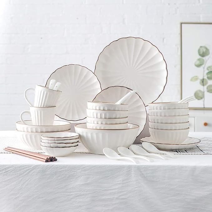 Dinner Set,Ceramics Dinner Sets, 45 Pieces Petal Design Matte Porcelain Dinnerware Set | Cereals Bowl & Mug & Plate for Wedding Gifts and Family Party,A~White