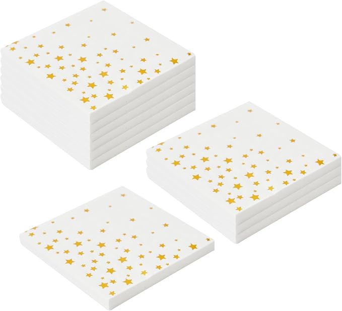 100 Pack White Cocktail Napkins with Gold Stars – 3-Ply Fancy Disposable Party Napkins 5x5 Inches for Weddings, Birthdays, Holidays, Baby Showers & Events – Elegant Gold Foil desgin by Hydro Energy