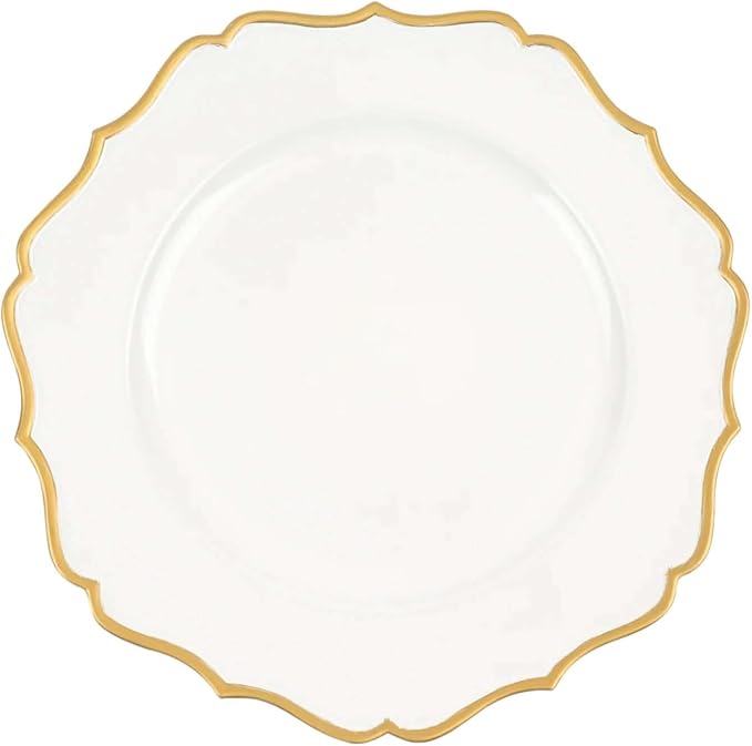 Efavormart 6 Pack | White & Gold 13" Round Scallop Rim Plastic Charger Plates, Tabletop Dinnerware Decor