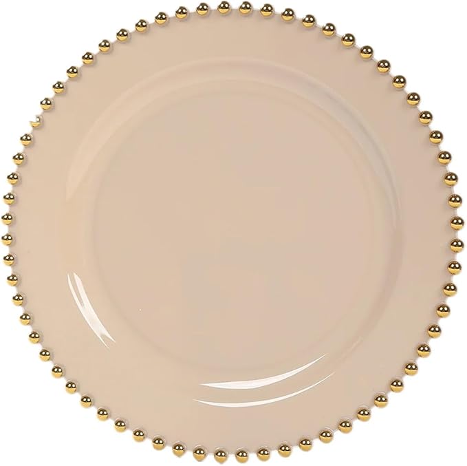 8" Salad Plates - Set of 20 - Plastic Taupe Round Disposable Dessert Appetizer Plate with Gold Beaded Rim, Ideal for Dinner Party Wedding Bulk Events