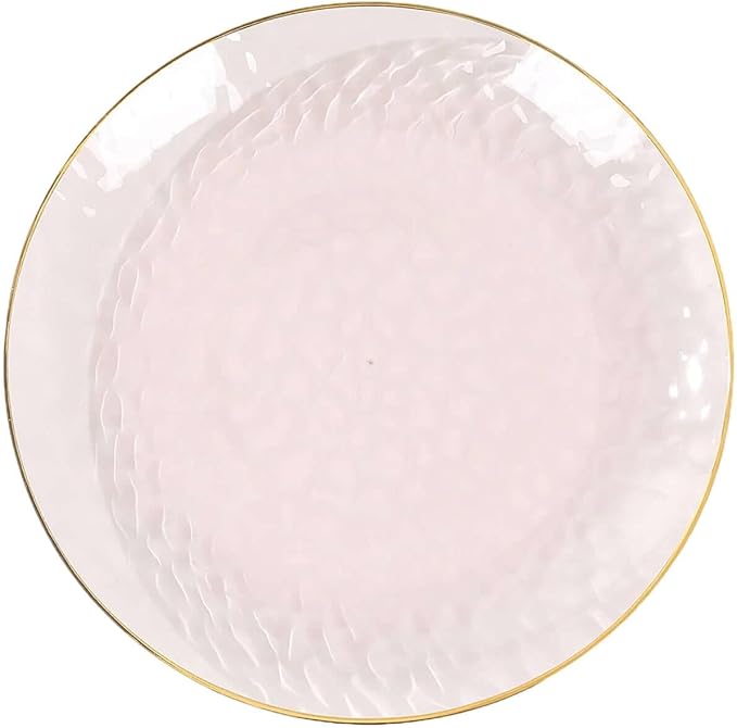 Efavormart 10 Pack | Transparent Blush Hammered 9" Round Plastic Dessert Appetizer Plates With Gold Rim, Disposable Salad Party Plate