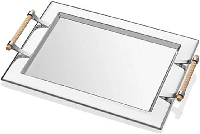 Krom Tray with Gold Colored Handles | Stylish Serving Tray | Elegant Rectangular Serving Tray | Functional Anti-Tarnish Serving Platter with Gold Handles | Decorative Tableware, Silver, 17.7 x 13.8 in