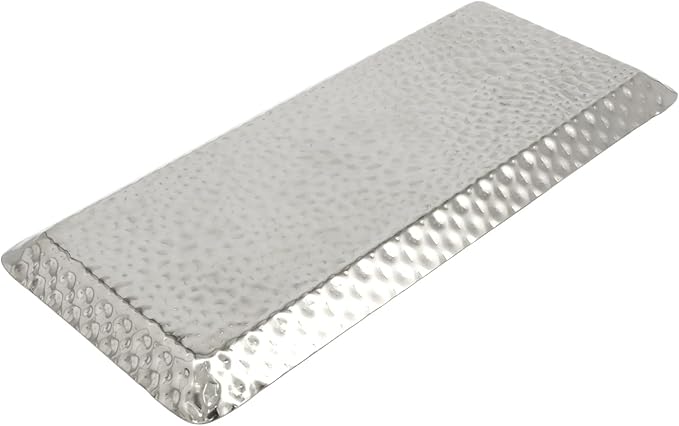 Silver Hammered Rectangular Platter Serving Trays, Decorative Stainless Steel Reusable Dessert Plates for Living Room Kitchen/Hosts(9.8 x 4.3 Inch, 1 Pack)
