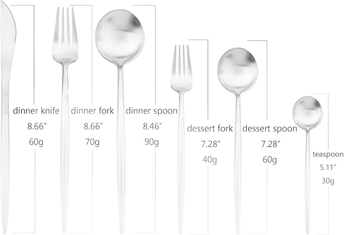 24-piece Snplowum Silver Satin Finished Serving Set, 18/10 Stainless Steel Flatware With White Round Hanle For Daily Use Salad Coffee Include Knife/Fork/Spoon, Service For 4 (White Silver)
