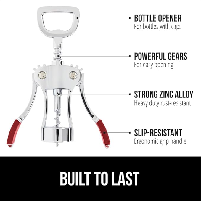 GORILLA GRIP BPA-Free Premium Wine Opener, Heavy Duty Zinc Alloy Wing Corkscrew, Multifunctional Bottle Openers Remove Corks, Caps, Easy to Use Sharp Cork Screw, Dishwasher Safe, Bar Essential, Red