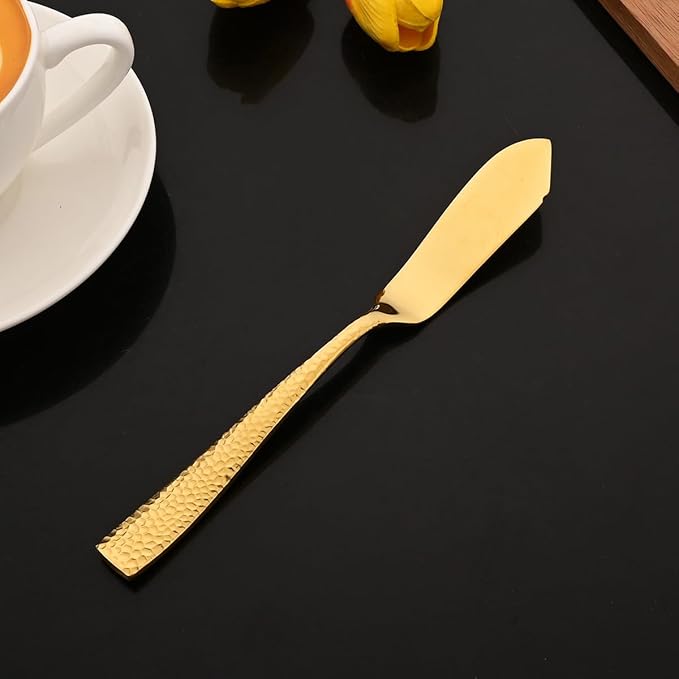 JASHII 5-Piece Gold Hammered Flatware Hostess Set Stainless Steel Serving Fork Slotted Serving Spoon Butter Knife Teaspoon Set for Buffet Party Mirror Polished Dishwasher Safe