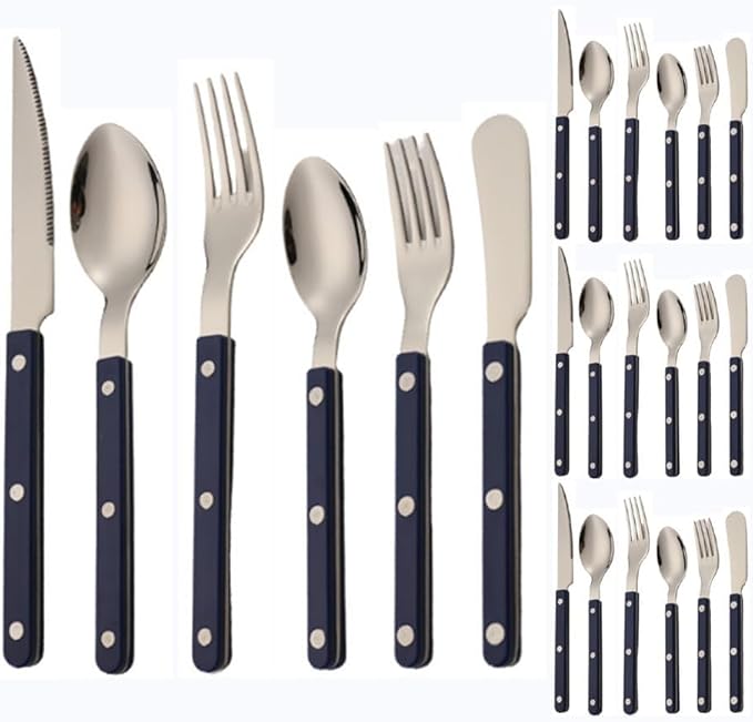 ABS Rivet Handle Marble Pattern Handle Kitchen Stainless Steel Silverware Tableware Flatware Cutlery Knives Forks Spoons Set,Butter Knife Dessert Spoon Fork (Blue,24 pieces)