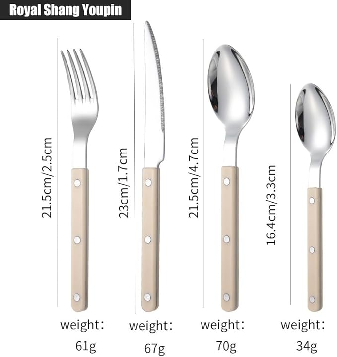 Rivet ABS Clamp Handle Kitchen Stainless Steel Silverware Tableware Flatware Cutlery Set Steak Knife Fork Spoon Teaspoon Western Tableware Butter Knife Set (Beige,16 pieces)