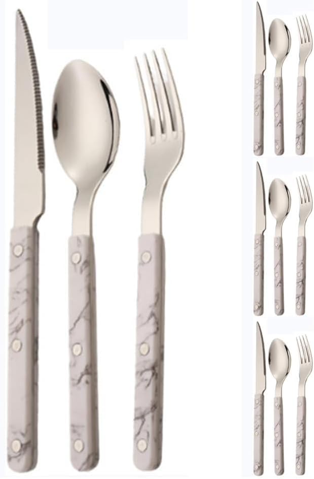 ABS Rivet Handle Marble Pattern Handle Kitchen Stainless Steel Silverware Tableware Flatware Cutlery Knives Forks Spoons Set,Butter Knife Dessert Spoon Fork (Marbling,12 pieces)