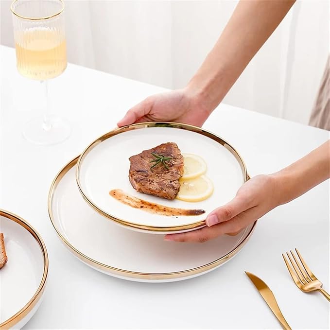 Tableware Set,Gold Inlay Bright White Porcelain Dinner Sets Ceramic Bowl Dish Plates Set Porcelain Dinnerware for Household Hotel
