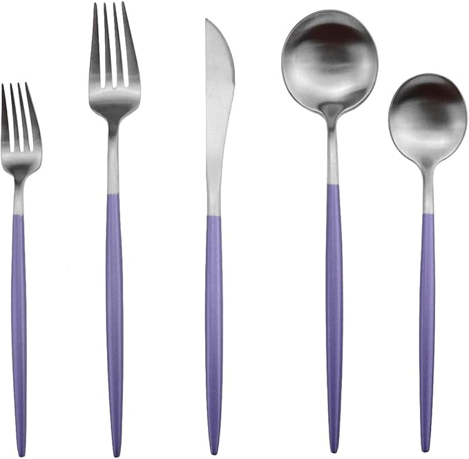 Gugrida Luxury Flatware, Royal 20 Piece Matte Purple Handle 18/10 Stainless Steel Tableware Sets for 4 Including Forks Spoons Knives, Camping Silverware Travel Utensils Set Cutlery (Purple Silver)
