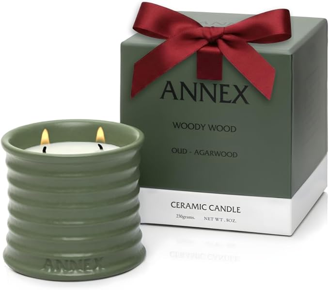 Scented Luxury Candles in Handmade Ceramic Jars, Soy Wax | Woody Wood – Oud & Agarwood, Large Candle | Non Toxic, 2 Wicks, Reusable Big Olive Green Jar | Natural Spring Aromatherapy for Women & Men