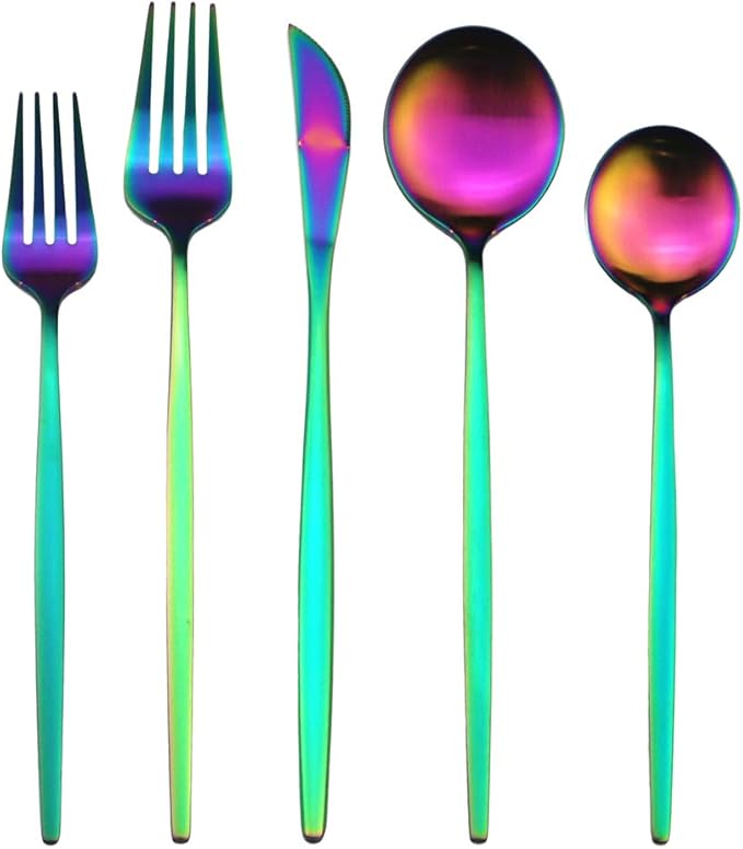 30 Pieces Titanium Iridescent Plated 304 Stainless Steel Flatware Sets, Satin Finish Rainbow Silverware Set Include Dinner Knife Fork Spoon, Cutlery Set,Matte Polished Utensils Service for 6