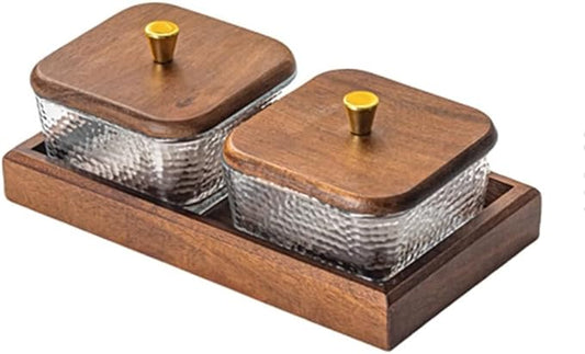 Premium Walnut Snack Tray with Lid, Glass Divided Fruit & Nut Bowl Set, Wooden Coffee Table Serving Tray for Candy, Dried Fruit, Desserts, Condiments, Charcuterie & Home Entertaining (2)