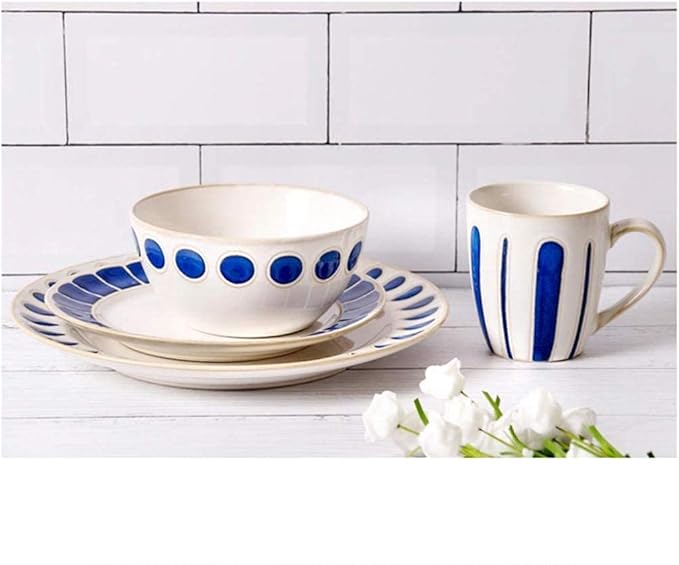 Elegant Dinner Plates,Fine Dinnerware Set,4 Pieces Blue White Ceramic Dinner Set Porcelain Mug Plate Bowl Lead-Free Tableware
