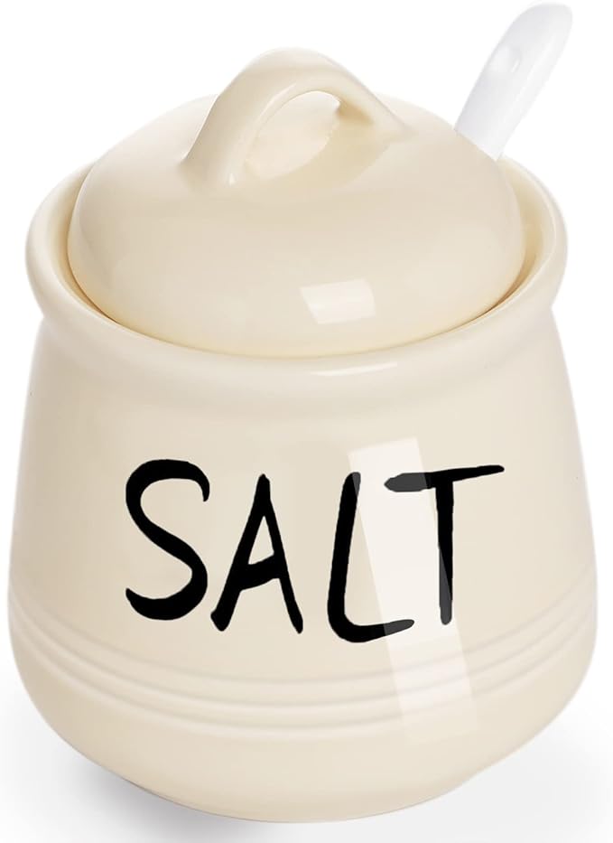HAOTOP Salt Bowls with Lid and Spoon -12 oz Ceramic Salt Cellar, Salt Containers, Spice Box for Counter, Farmhouse Kitchen Decor, Beige