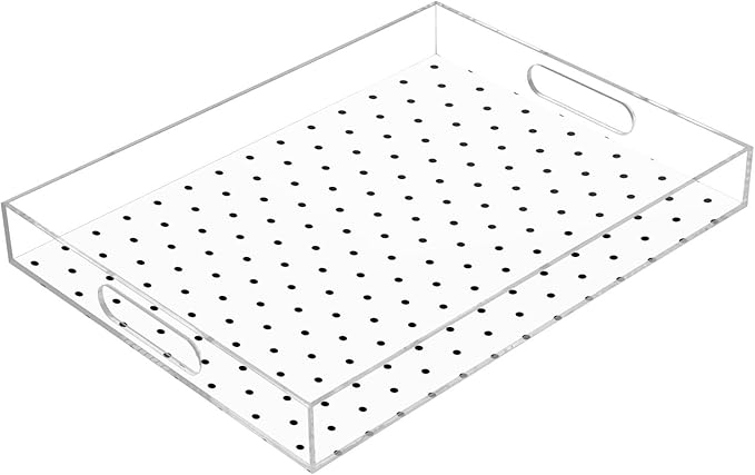 Serving Tray with Handles Clear Acrylic Tray 12x16 Inch Decorative Rectangular Tray Organizer for Ottoman Coffee Table Bathroom Black Polka Dot White