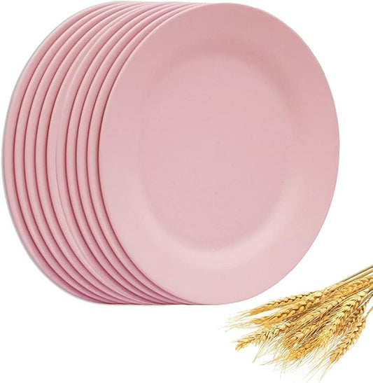 Set of 10 Round Salad Plates 10 Inch, Appetizer Dishes, Unbreakable Dessert Plates, Kitchen Dinnerware for Steak Dinner Fruit, Reusable Fiber Tableware (Pink)