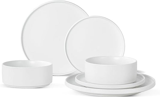 Plates and Bowls Sets, 6 Piece Ceramic Dinnerware Set for Family and Gatherings, Dishes Set for 2, Dishwasher & Microwave Safe, Handcrafted Stoneware Sets, Modern White