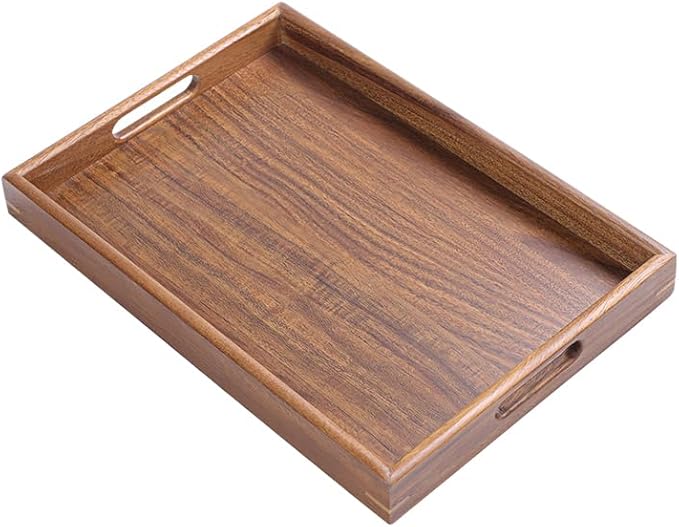 Wood Serving Tray with Handles Home Decorative Serving Trays Platter for Breakfast in Bed, Solid Wooden Serveware for Lunch, Dinner, Coffee Table, Used in Kitchen,Party and Outdoors.