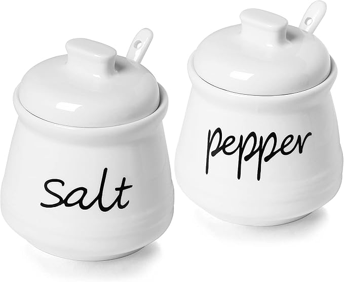 ONTUBE Ceramic Salt and Pepper Bowls with Lid and Spoon 12oz (White)