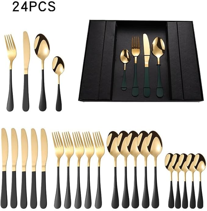 Stainless Steel Flatware serving set,Home Kitchen Eating Tableware Set,Dishwasher Safe,For Home Kitchen Restaurant Hote 24-piece Stainless Steel Steak Knife, Fork And Spoon Household Black Gift Box Se