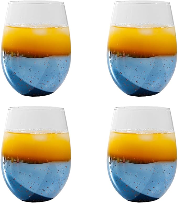Blue Crystal Stemless Wine Glasses Set of 4 Champagne Flute,Starry Sky Glass for Red Wine and Champagne (4, Egg Cup-Blue Starry Sky)