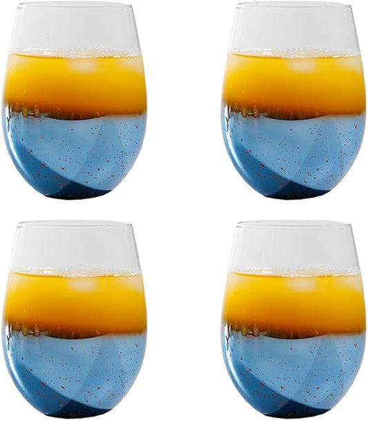 Blue Crystal Stemless Wine Glasses Set of 4 Champagne Flute,Starry Sky Glass for Red Wine and Champagne (4, Egg Cup-Blue Starry Sky)
