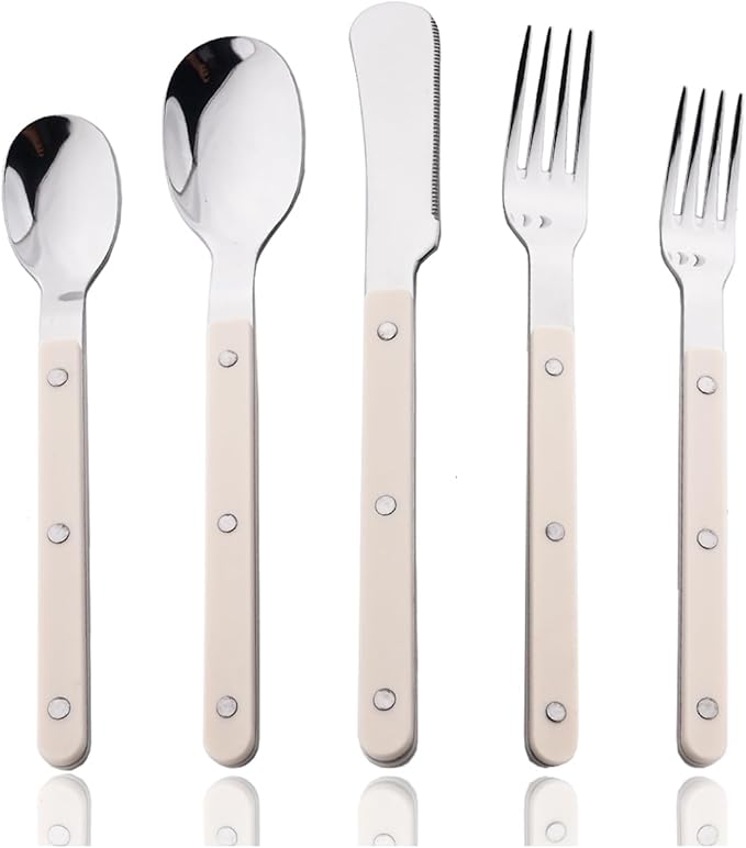 JASHII Silverware Flatware Set 20 Pieces Stainless Steel With Rivet Retro Cutlery Set Knife Fork Spoon Set Service for 4 for Home Restaurant Wedding - Beige Handle