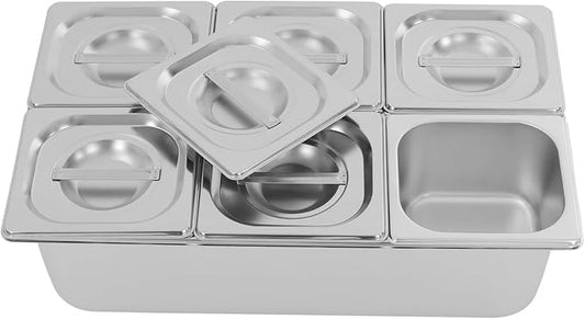 6 Pans Ice Food Serving Display Container, Stainless Steel Serving Tray Catering Supplies Buffet Display Condiment Dispenser Plate Case with Acrylic Replaceable Lids for Restaurant Hotel Kitchen