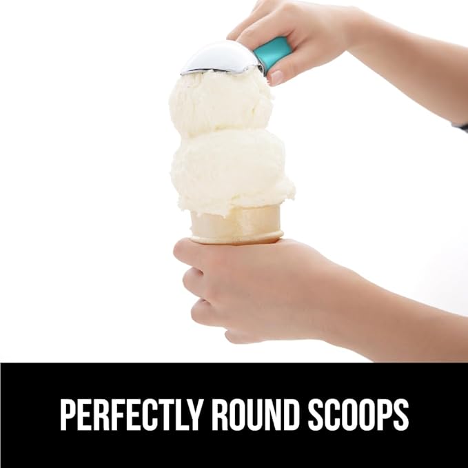 GORILLA GRIP BPA-Free Heavy Duty Ice Cream Scoop, Comfortable Ergonomic Handle, Professional Grade Scooper, Perfect Round Scoops, Spoon Frozen Hard Gelato Sorbet Cookie Dough, Kitchen Tool, Turquoise