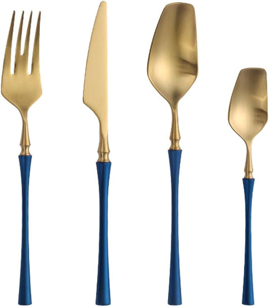 40 Piece Gold Silverware Set for 10，Durable 18/8 Stainless Steel Flatware Set Slim Waist Blue Handle Cutlery Set Utensils Include Spoons Knifes Forks Kitchen Wedding Restaurant