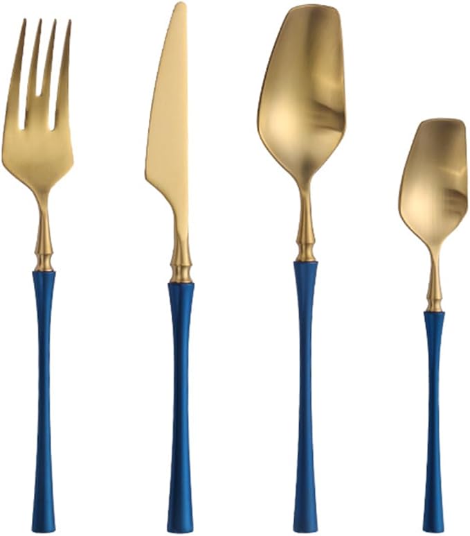 32 Piece Gold Silverware Set for 8 Durable 18/8 Stainless Steel Flatware Set Slim Waist Blue Handles Cutlery Set Include Spoons Knifes Forks Kitchen Wedding Restaurant ZILNEHZ