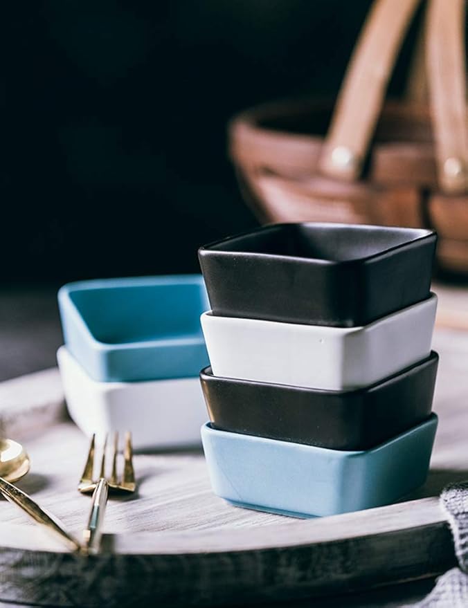 Sizikato 4 pcs Matte Ceramic Square Soy Sauce Dipping Bowls Side Dishes for Snack Sushi Fruit Appetizer Dessert. 3.5 Inches