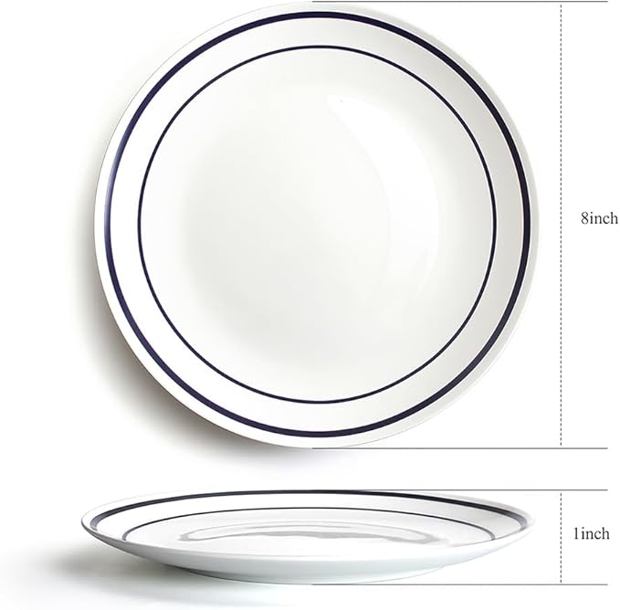 YFWOOD Ceramic Dinner Plates Set Of 6, 8 Inch Salad Plates, Contemporary Round Porcelain Tablewar, Suitable for Desserts, Appetizer, Pasta, Microwave Safe - White & Blue Double Line