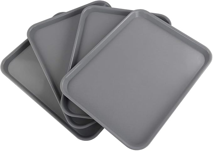 Gloreen Set of 4 Rectangular Fast Food Tray, Cafe Standard Cafeteria Serving Trays, Grey