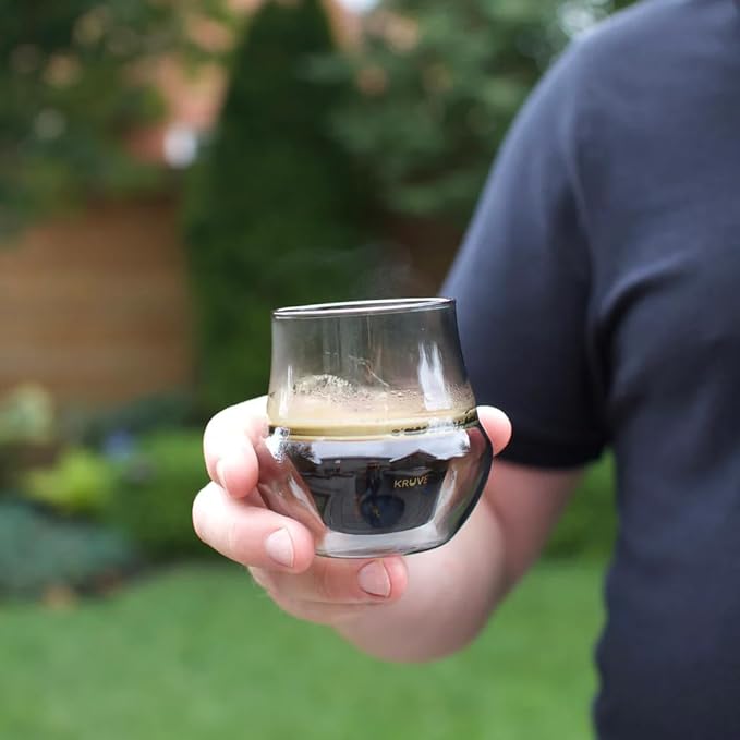 KRUVE Dark Propel Espresso Cups, Handmade Double-Walled Glass Coffee Mugs, Clear 2.5 oz, Scientific Design for Better Tasting Coffee (Set of Two) - Unique Glass Coffee Cups with Headspace